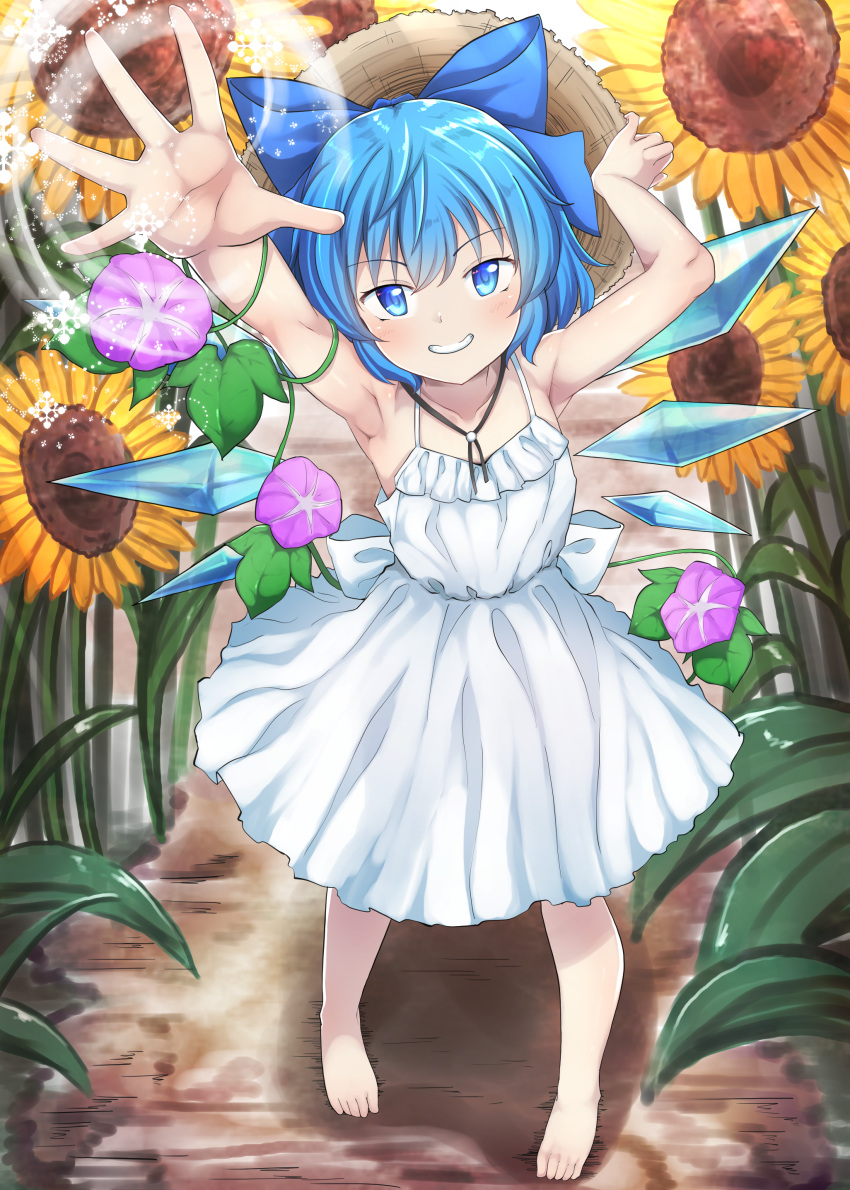 1girl absurdres armpits arms_up bangs bare_shoulders barefoot blue_bow blue_eyes blue_hair blush bow brown_headwear cirno closed_mouth dress eyebrows_visible_through_hair flower ground hair_between_eyes hands_up hat highres ice ice_wings leaf light looking_at_viewer magic pink_flower purple_flower short_hair sleeveless smile snowflakes solo standing straw_hat sunflower sunlight teeth touhou white_bow white_dress wings yellow_flower yossy_(yossy1130)