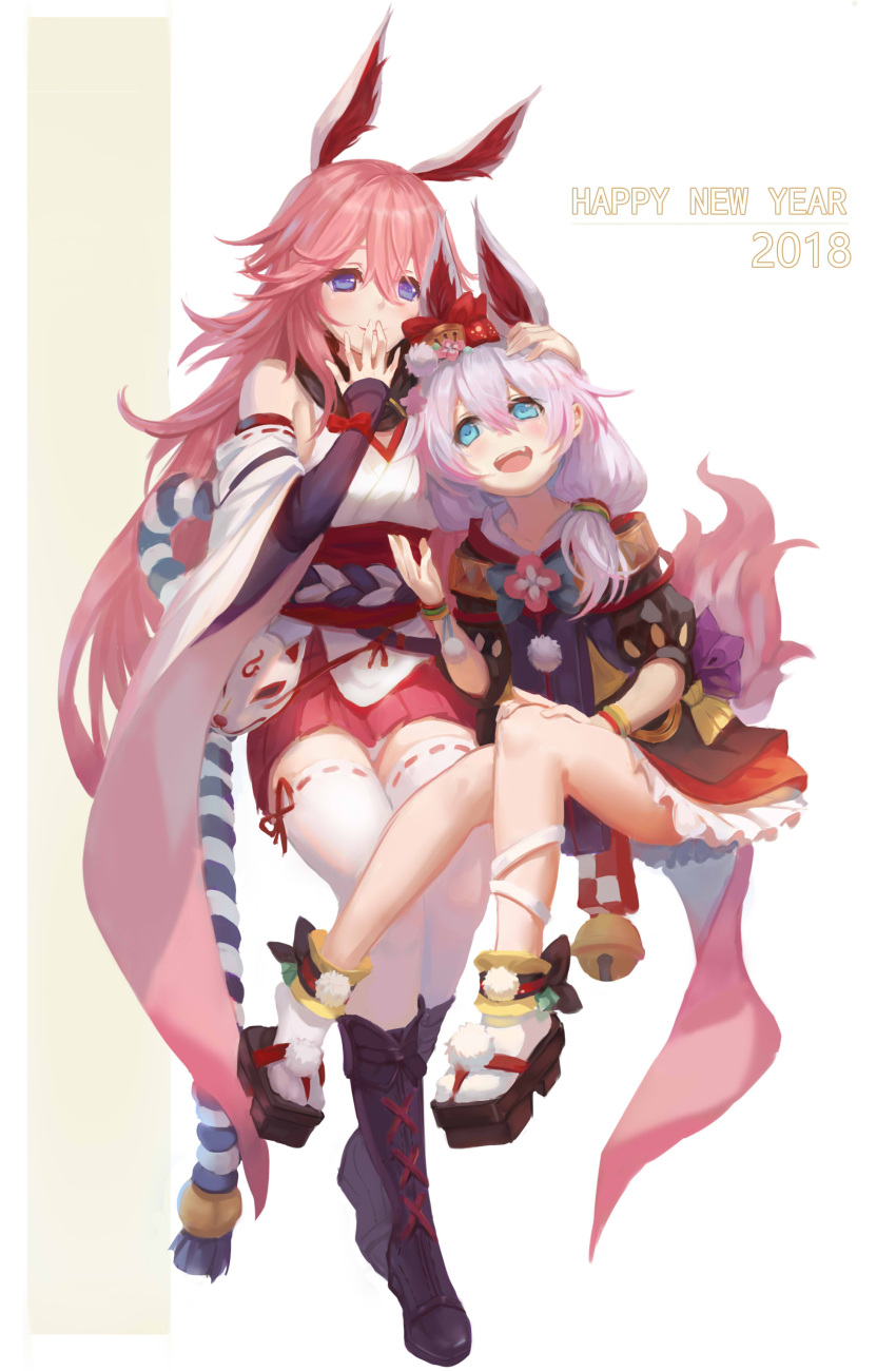 2girls :d absurdres animal_ears bangs bare_shoulders bell black_footwear blue_eyes boots bracelet closed_mouth covering_mouth fang flip-flops fox_ears fox_mask fox_tail full_body hair_between_eyes hair_ornament hair_ribbon hand_on_another's_head highres honkai_(series) honkai_impact_3rd japanese_clothes jewelry long_hair looking_at_another mask multiple_girls muttsuri_xiaomen open_mouth pink_hair pink_skirt purple_eyes ribbon sandals side_ponytail skirt smile tail theresa_apocalypse theresa_apocalypse_(sakura_rondo) thighhighs white_hair white_legwear yae_sakura yae_sakura_(gyakushinn_miko)