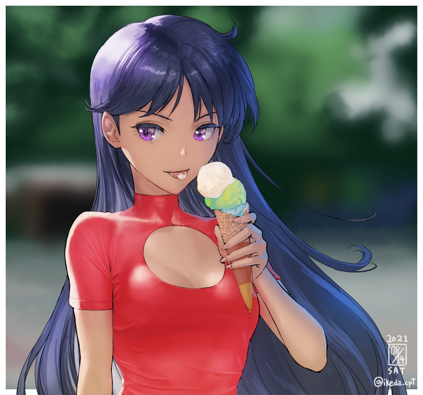 1girl :p artist_name bishoujo_senshi_sailor_moon blue_hair blurry blurry_background border breasts casual cleavage_cutout clothing_cutout commentary_request dated day depth_of_field food highres hino_rei holding holding_food ice_cream ice_cream_cone ikeda_(cpt) long_hair outdoors outside_border purple_eyes red_shirt shirt short_sleeves small_breasts solo straight_hair tongue tongue_out triple_scoop twitter_username upper_body v-shaped_eyebrows very_long_hair white_border