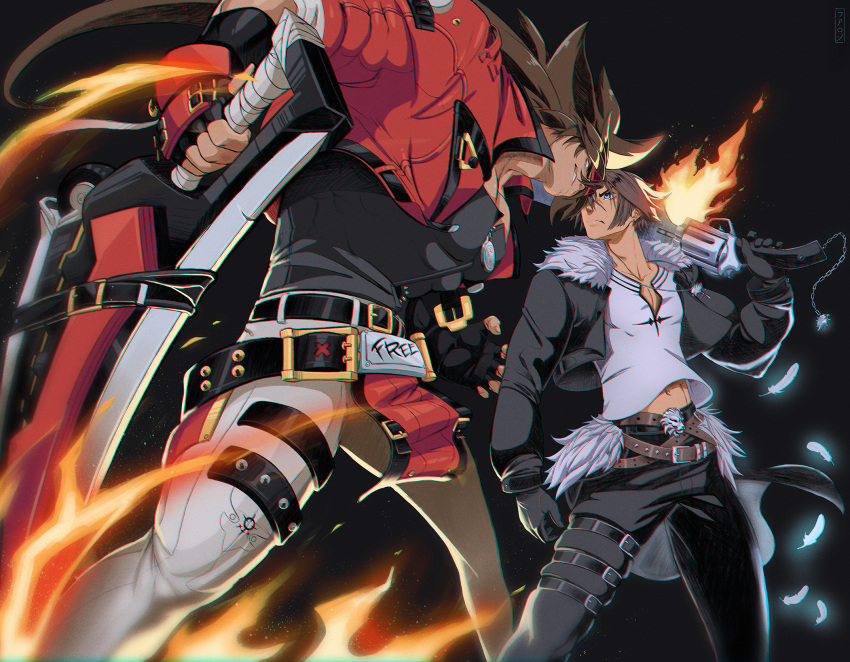 2boys battle belt blue_eyes brown_hair crossover farronhart fighting final_fantasy final_fantasy_viii fingerless_gloves fireseal gloves guilty_gear guilty_gear_strive gunblade headband highres holding holding_sword holding_weapon jacket jewelry long_hair multiple_boys muscular muscular_male necklace outrage_mk_ii over_shoulder pectorals ponytail scar short_hair sleeveless_duster sol_badguy spiked_hair squall_leonhart sword sword_over_shoulder weapon weapon_over_shoulder yellow_eyes