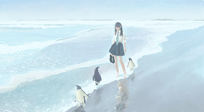 1girl aqua_neckwear bangs beach bird black_footwear black_hair black_skirt holding holding_shoes horizon long_hair necktie original outdoors penguin pleated_skirt reflection shirt shirt_tucked_in shoes shoes_removed skirt solo standing striped striped_neckwear tabisumika water waves white_shirt wide_shot