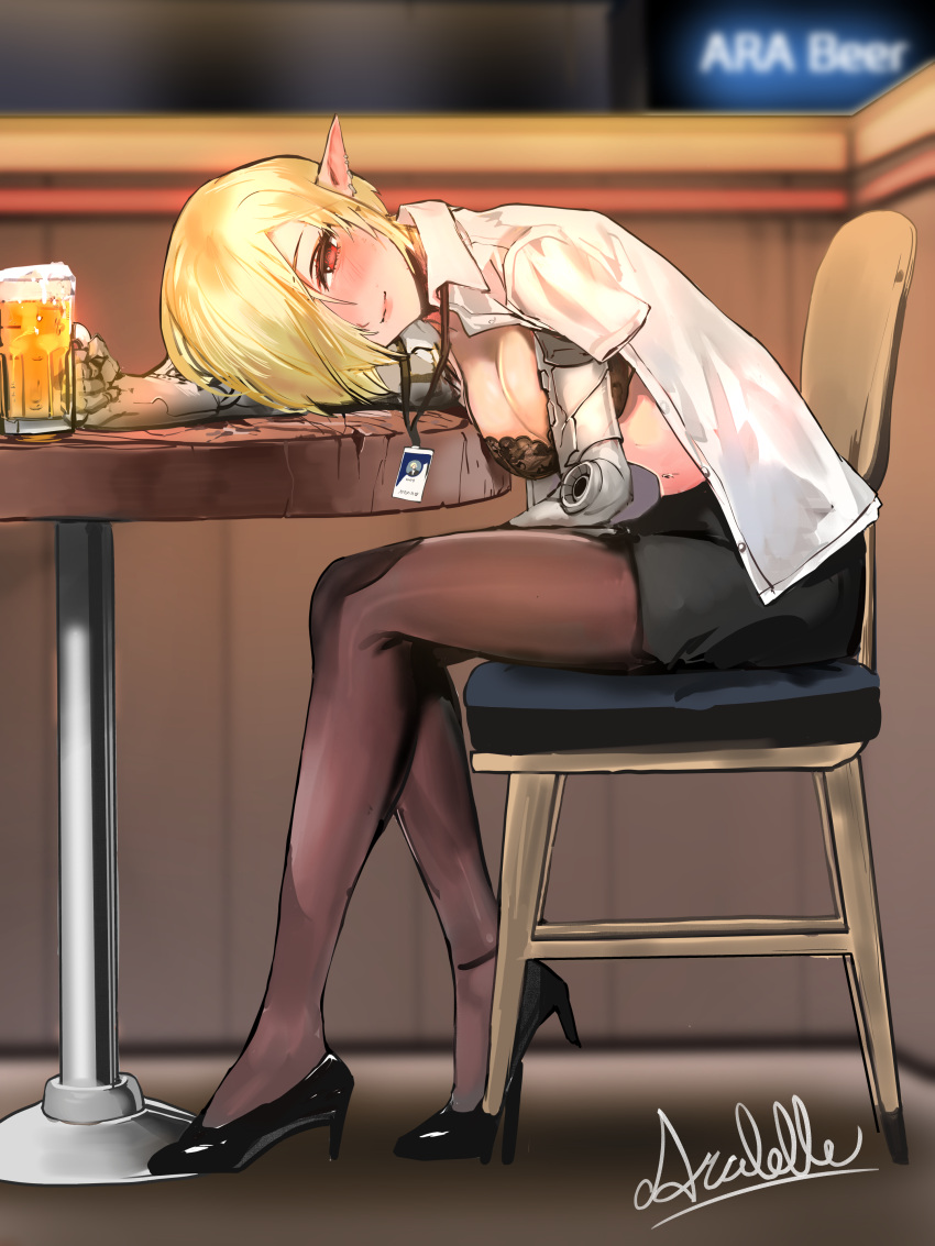 1girl absurdres alcohol beer black_bra blonde_hair bra breasts chair commission drunk ear_piercing executive_red_hood_arabelle guardian_tales hair_over_one_eye highres looking_at_viewer mechanical_arms open_clothes pantyhose piercing pointy_ears pumps red_eyes short_hair shsk sitting smile underwear