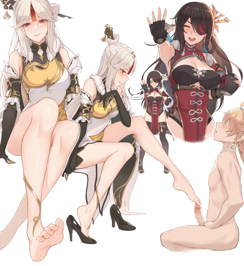 ... 1boy 2girls aether_(genshin_impact) bare_shoulders barefoot beidou_(genshin_impact) black_gloves black_hair blonde_hair blush breasts censored claw_ring closed_eyes clothed_female_nude_male dress earrings eliskalti erection eyepatch feet fingerless_gloves foot_focus footjob foreshortening genshin_impact gloves hair_ornament hairpin hetero high_heels highres invisible_chair jewelry large_breasts long_hair mosaic_censoring multiple_girls ningguang_(genshin_impact) nude open_mouth pelvic_curtain penis red_eyes shoe_dangle shoes simple_background single_shoe sitting smile soles spoken_ellipsis standing tassel thighhighs toes white_background white_hair