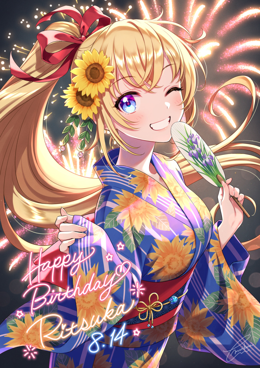 1girl aerial_fireworks bangs blonde_hair blue_eyes blue_kimono blush bow commentary_request dated eyebrows_visible_through_hair fireworks floral_print flower grin hair_between_eyes hair_bow hair_flower hair_ornament hand_fan happy_birthday highres holding holding_fan japanese_clothes kimono long_hair long_sleeves looking_at_viewer morikura_en obi one_eye_closed original paper_fan pinching_sleeves ponytail print_kimono red_bow sash sleeves_past_wrists smile solo uchiwa very_long_hair wide_sleeves yellow_flower