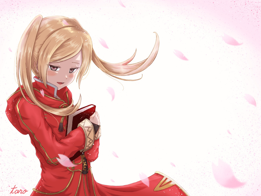 1girl alternate_color artist_name bangs blonde_hair blush book book_hug brown_eyes fire_emblem fire_emblem_awakening half-closed_eyes highres holding holding_book hood hood_down long_hair long_sleeves looking_at_viewer open_mouth parted_bangs petals red_hood robe robin_(fire_emblem) robin_(fire_emblem)_(female) solo super_smash_bros. taro_(pixiv34317323) twintails