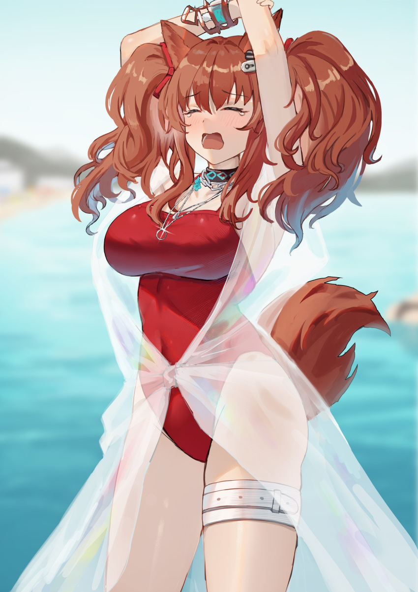 1girl absurdres aer7o angelina_(arknights) angelina_(summer_flowers)_(arknights) animal_ears arknights arms_up black_collar blush breasts brown_hair closed_eyes collar cowboy_shot earpiece eyebrows_visible_through_hair fox_ears fox_girl fox_tail hair_ribbon highres infection_monitor_(arknights) jewelry large_breasts long_hair necklace official_alternate_costume one-piece_swimsuit open_mouth outdoors red_ribbon red_swimsuit ribbon see-through solo stretch swimsuit tail tears thigh_strap twintails water yawning