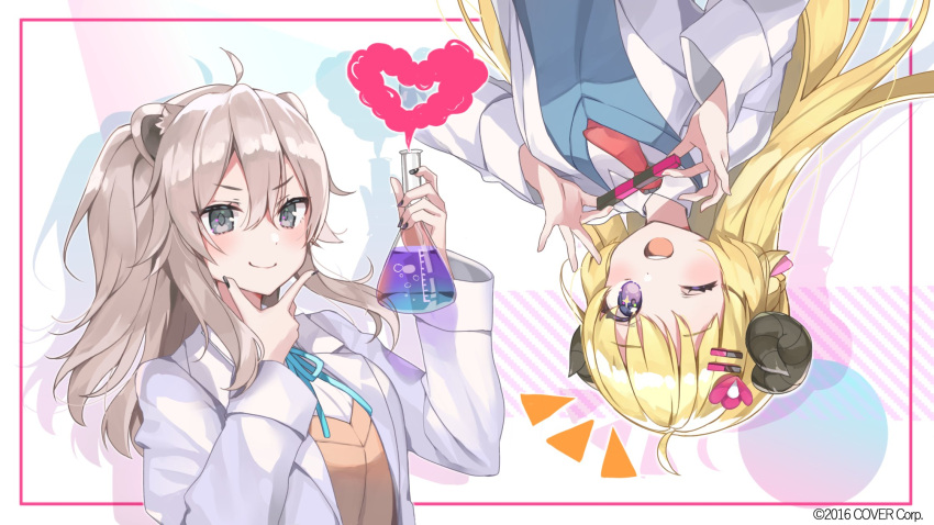 2girls :d ahoge animal_ears aqua_neckwear aqua_ribbon bangs black_nails blonde_hair blue_sweater_vest brown_sweater_vest coat commentary_request curled_horns erlenmeyer_flask flask flower grey_eyes hair_flower hair_ornament heart highres holding_flask hololive horns index_finger_raised labcoat lion_ears long_hair long_sleeves multiple_girls neck_ribbon necktie notice_lines one_eye_closed open_mouth red_neckwear ribbon shirt shishiro_botan silver_hair smile smoke sweater_vest tsunomaki_watame turing_love two_side_up upside-down very_long_hair virtual_youtuber white_coat white_shirt yushima