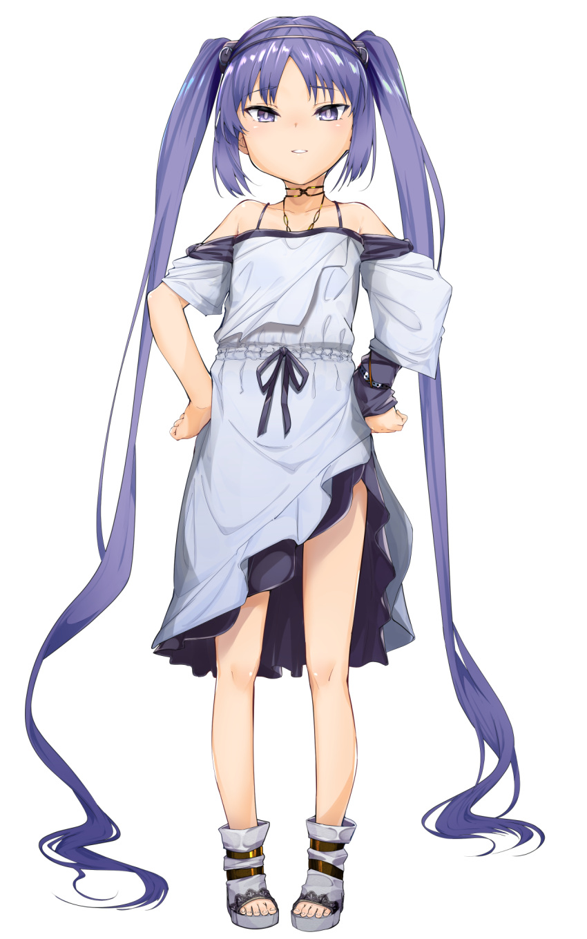 1girl absurdly_long_hair asymmetrical_sleeves bangs bare_shoulders blush breasts collarbone diadem dress fate/hollow_ataraxia fate_(series) full_body highres jewelry long_hair looking_at_viewer neck_ring necklace parted_bangs purple_eyes purple_hair sandals sidelocks small_breasts smile solo stheno_(fate) twintails uno_ryoku very_long_hair white_dress