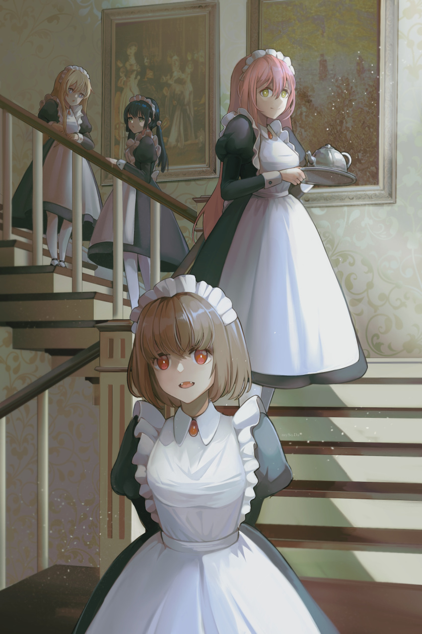 4girls absurdres arms_behind_back black_dress black_hair black_legwear blonde_hair blue_eyes breasts brooch brown_hair closed_mouth dress fangs frills green_eyes green_hair hair_between_eyes highres holding holding_plate holding_tray indoors jewelry kettle light_particles long_hair looking_at_viewer maid maid_headdress multiple_girls mysoda open_mouth original painting_(object) picture_frame pink_hair plate puffy_sleeves red_eyes short_hair signature smile stairs standing teapot tongue tray twintails vampire_maid_(mysoda) white_legwear yellow_eyes