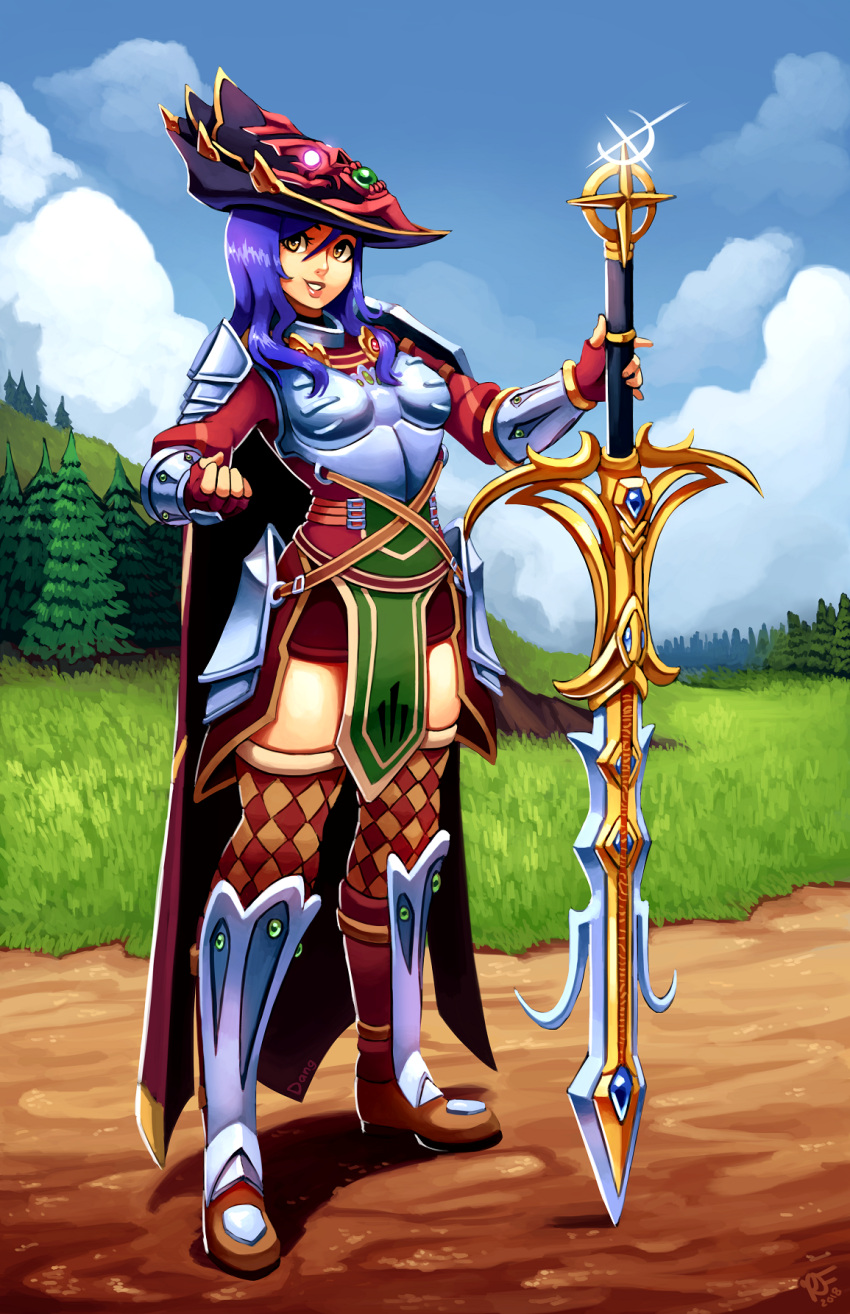 1girl arm_up armored_boots boots breasts cape checkered checkered_legwear clenched_hand cloud cloudy_sky commission dang_(runescape) dirt duellist's_cap_(tier_6) fingerless_gloves full_body gloves grass grin hat highres long_hair looking_afar looking_away looking_to_the_side outdoors pine_tree plate_armor purple_hair ravenousruss runescape saradomin_godsword second-party_source shiny_lips sky small_breasts smile solo source_request standing sword thighhighs tree weapon yellow_eyes zettai_ryouiki
