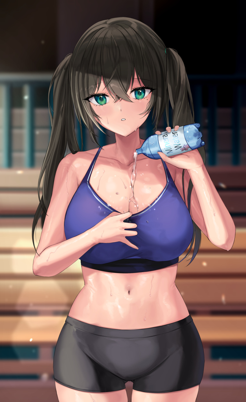 1girl aqua_eyes ass_visible_through_thighs bangs bare_arms bare_shoulders bike_shorts black_hair black_shorts blurry bottle breasts collarbone commission cowboy_shot crop_top depth_of_field dripping english_commentary hair_between_eyes hands_up highres holding holding_bottle kamchrome long_hair looking_at_viewer medium_breasts midriff mole mole_under_eye navel original parted_lips pouring pouring_onto_self purple_sports_bra short_shorts shorts sleeveless solo sports_bra standing symbol-only_commentary twintails water water_bottle wet