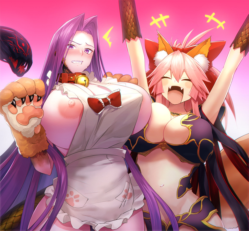 2girls animal_ear_fluff animal_ears apron bangs bare_shoulders bell blush bow breasts bustier claws cleavage collar collarbone cosplay costume_switch fate/extra fate/grand_order fate_(series) forehead fox_ears fox_girl fox_tail frills gorgon_(fate) gorgon_(fate)_(cosplay) hair_between_eyes hair_bow highres huge_breasts jingle_bell large_breasts long_hair looking_at_viewer medusa_(fate) minami_koyogi monster_girl multiple_girls naked_apron navel neck_bell nipple_slip nipples open_mouth parted_bangs pink_background pink_hair ponytail purple_eyes purple_hair red_bow scales sideboob sidelocks smile snake_hair tail tamamo_(fate) tamamo_cat_(fate) tamamo_cat_(fate)_(cosplay) very_long_hair white_apron yellow_eyes