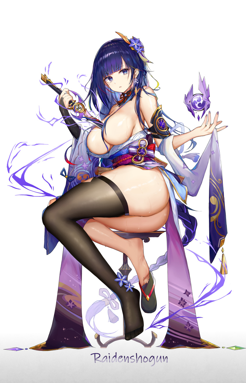 1girl absurdres armor ass bangs barefoot braid breasts character_name coattails commentary_request earrings english_text floating floating_object flower genshin_impact hair_censor hair_ornament highres holding holding_sword holding_weapon japanese_clothes jewelry kimono kiriko_(araragikoyomi) large_breasts legs long_hair long_sleeves looking_at_viewer md5_mismatch mitsudomoe_(shape) mole mole_under_eye no_shoes obi obiage obijime open_mouth purple_eyes purple_flower purple_hair purple_nails raiden_(genshin_impact) ribbon sash shoulder_armor simple_background single_thighhigh slippers solo sword thighhighs thighs tomoe_(symbol) weapon white_background wide_sleeves