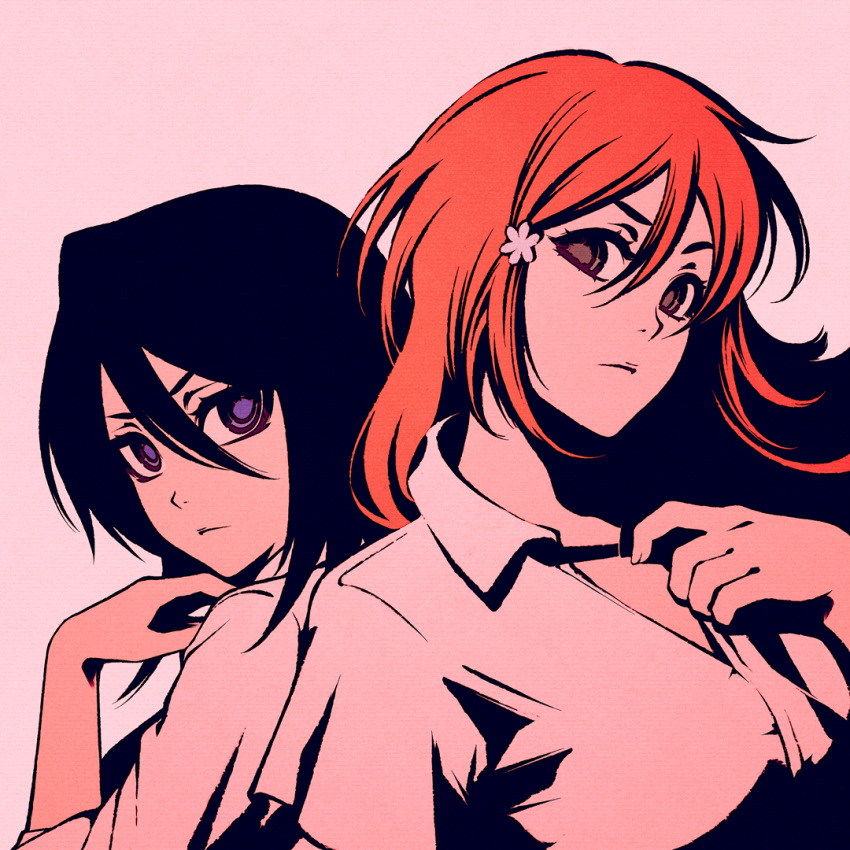 2girls bangs black_hair bleach blue_eyes breasts brown_eyes canvas_(medium) closed_mouth commentary dress_shirt english_commentary expressionless flower hair_between_eyes hair_flower hair_ornament hand_on_own_chest inoue_orihime kuchiki_rukia large_breasts long_bangs long_hair looking_at_viewer looking_back moshimoshibe multiple_girls pink_background red_hair serious shirt short_hair simple_background v-shaped_eyebrows white_flower