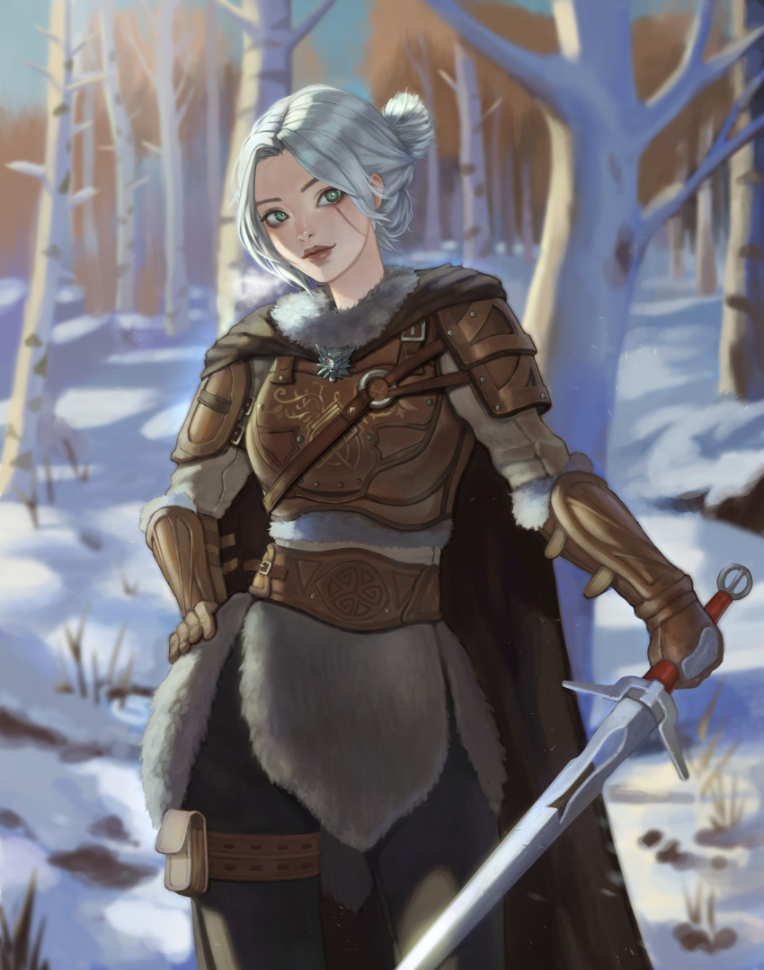 1girl absurdres alternate_costume armor bangs belt blurry blurry_background brown_belt brown_gloves ciri closed_mouth commentary english_commentary forest fur_collar fur_trim gloves green_eyes hand_on_hip highres holding holding_sword holding_weapon leather_armor lips looking_at_viewer medallion nature orhicam outdoors pants pouch scar scar_across_eye short_hair silver_hair smile snow solo standing sword the_witcher_(series) the_witcher_3 thigh_pouch thigh_strap tree weapon winter winter_clothes