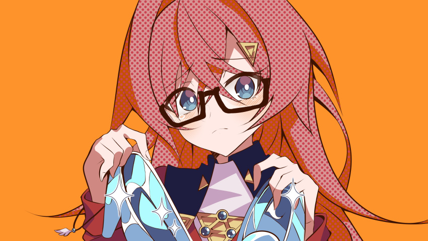 1girl absurdres ange_katrina bangs blue_eyes cinderella_(vocaloid) eyebrows_visible_through_hair frown glass_slipper glasses head_tilt highres holding holding_clothes holding_footwear long_hair nijisanji orange_background papa-kun_(destiny549-2) portrait red_hair red_sweater solo sparkle sweater triangle_hair_ornament virtual_youtuber
