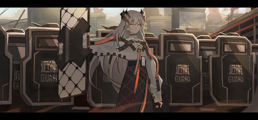 1girl 6+others ambiguous_gender arknights belt black_choker black_skirt building chest_strap choker closed_mouth commentary day dragon_horns dust earrings feet_out_of_frame frown goin2222 high-waist_skirt highres holding holding_shield holding_weapon horns id_card jewelry letterboxed long_hair long_skirt long_sleeves looking_ahead multiple_others orange_eyes outdoors power_lines riot_shield saria_(arknights) shield shirt silver_hair skirt solo_focus stud_earrings syringe_gun weapon white_shirt