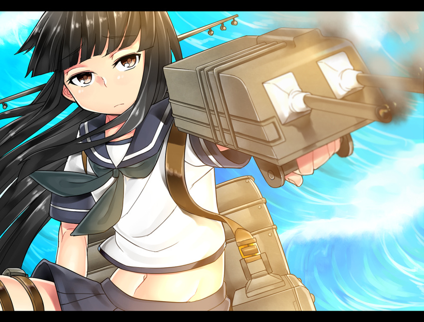 1girl bangs black_hair blunt_bangs brown_eyes cannon collared_shirt gun hatsuyuki_(kancolle) hime_cut kantai_collection long_hair machinery mikusu neckerchief pleated_skirt school_uniform serafuku shirt skirt smoke smokestack smoking_gun solo turret waves weapon