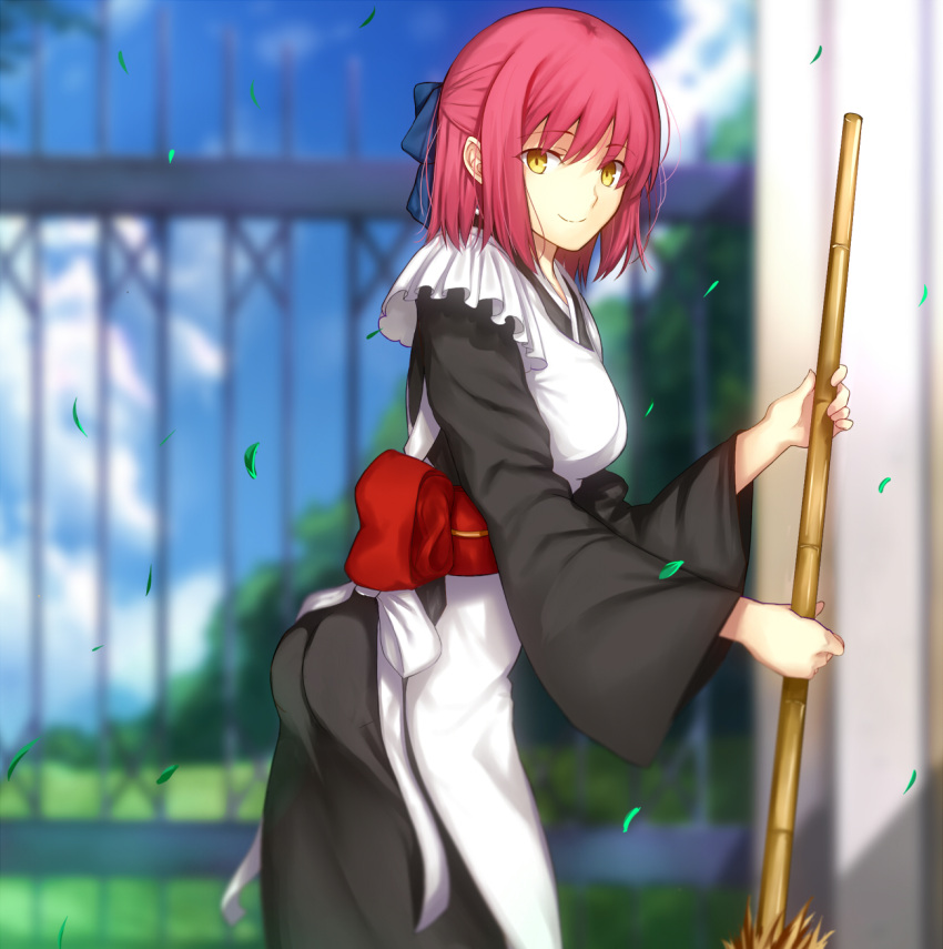 1girl apron ass bamboo_broom black_kimono blue_bow blue_sky bow breasts broom closed_mouth cloud commentary_request day eyebrows_visible_through_hair frilled_apron frills hair_bow half_updo highres holding holding_broom iro_(sekaixiro) japanese_clothes kimono kohaku_(tsukihime) leaf looking_at_viewer maid_apron medium_breasts obi outdoors red_hair sash short_hair sidelocks sky smile solo tsukihime wa_maid white_apron wide_sleeves yellow_eyes