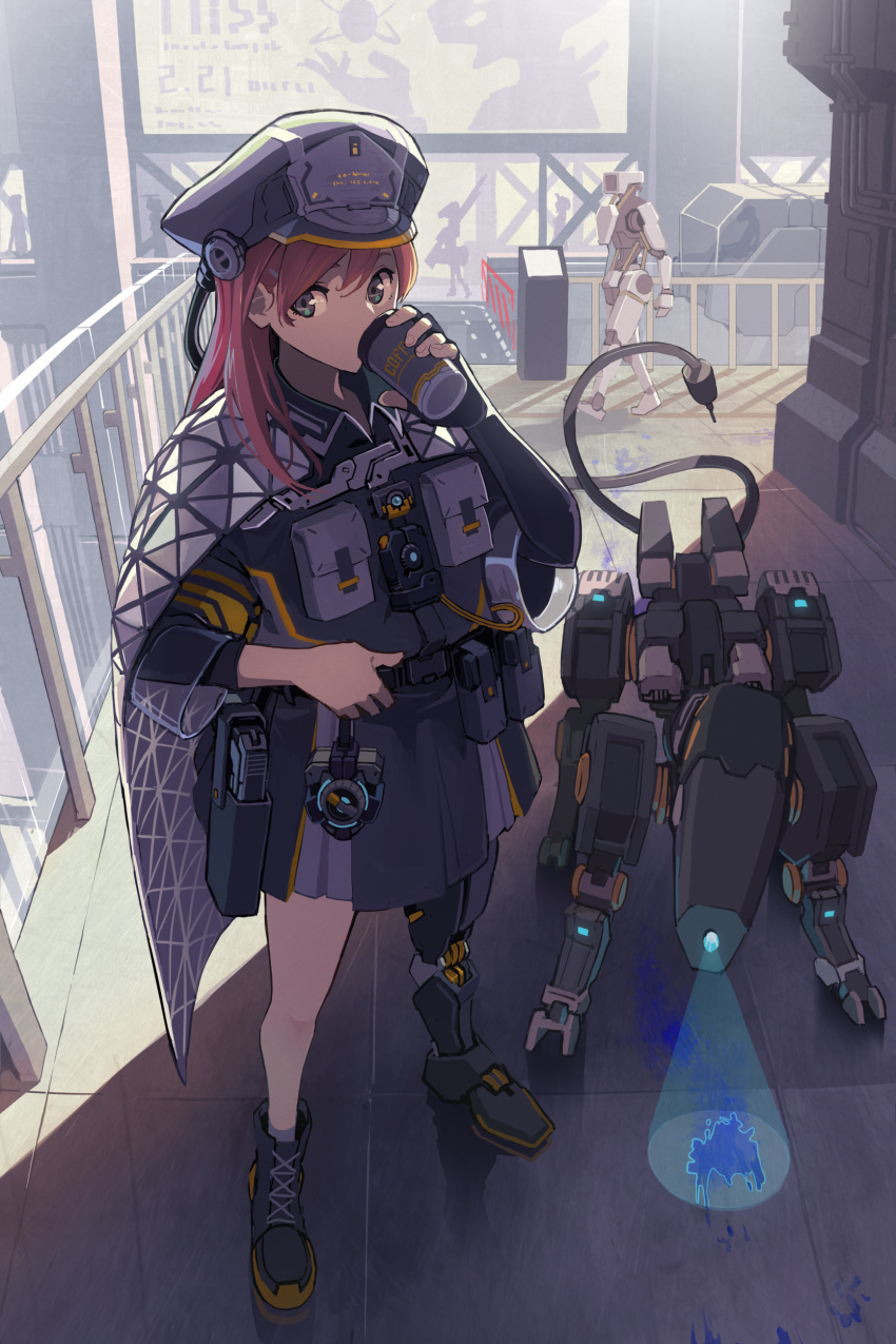 1girl absurdres android cape commentary cup cyborg disposable_cup drinking gun handgun highres holster holstered_weapon ichiyon long_hair mecha mechanical_animal mechanical_legs original outdoors pistol police red_hair robot science_fiction tail weapon