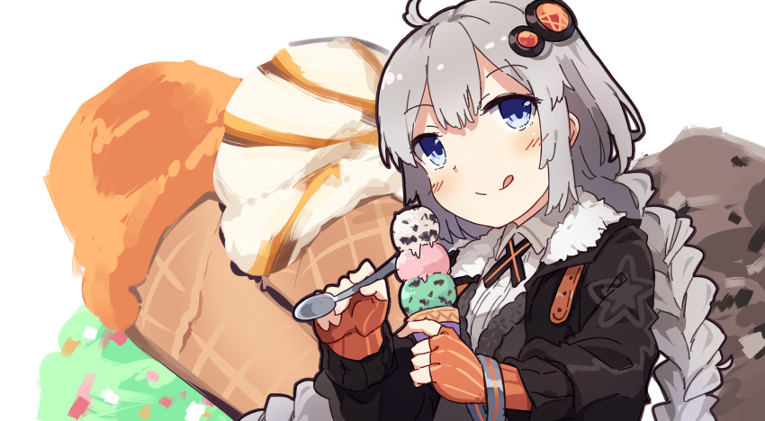 1girl :q ahoge bangs black_dress black_jacket blue_eyes blush braid brown_gloves closed_mouth collared_shirt commentary dress eyebrows_visible_through_hair fingerless_gloves food gloves grey_hair hair_ornament highres holding holding_food holding_spoon ice_cream ice_cream_cone jacket kizuna_akari long_hair looking_at_viewer low_twintails normaland open_clothes open_jacket shirt smile solo spoon star_(symbol) tongue tongue_out triple_scoop twin_braids twintails upper_body very_long_hair voiceroid white_background white_shirt