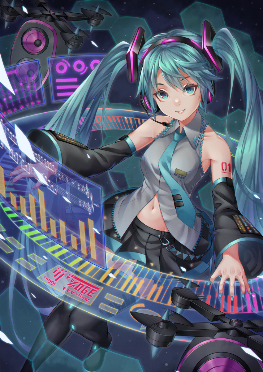 1girl absurdres aqua_eyes aqua_hair aqua_neckwear bare_shoulders beamed_eighth_notes black_footwear black_legwear black_skirt boots commentary detached_sleeves drone eighth_note full_body grey_shirt half_rest hatsune_miku headgear headphones headset highres holographic_interface huge_filesize instrument keyboard_(instrument) long_hair looking_at_viewer miniskirt musical_note navel necktie noro_assumed parted_lips pleated_skirt quarter_rest shirt skirt sleeveless sleeveless_shirt smile solo speaker staff_(music) thigh_boots thighhighs tie_clip treble_clef twintails very_long_hair vocaloid