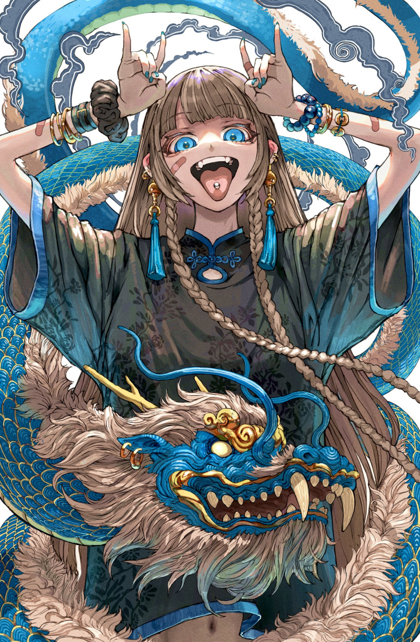 1girl \n/ bandaid bandaid_on_arm bandaid_on_cheek bandaid_on_face black_shirt blue_eyes blue_nails blue_trim bracelet braid brown_hair chinese_clothes cloud dragon earrings eastern_dragon hands_up highres jewelry long_hair looking_at_viewer mayamadesu multiple_bracelets nail_polish open_mouth original piercing revision scrunchie shirt short_sleeves solo straight_hair tassel tassel_earrings teeth tongue tongue_out tongue_piercing upper_body wrist_scrunchie