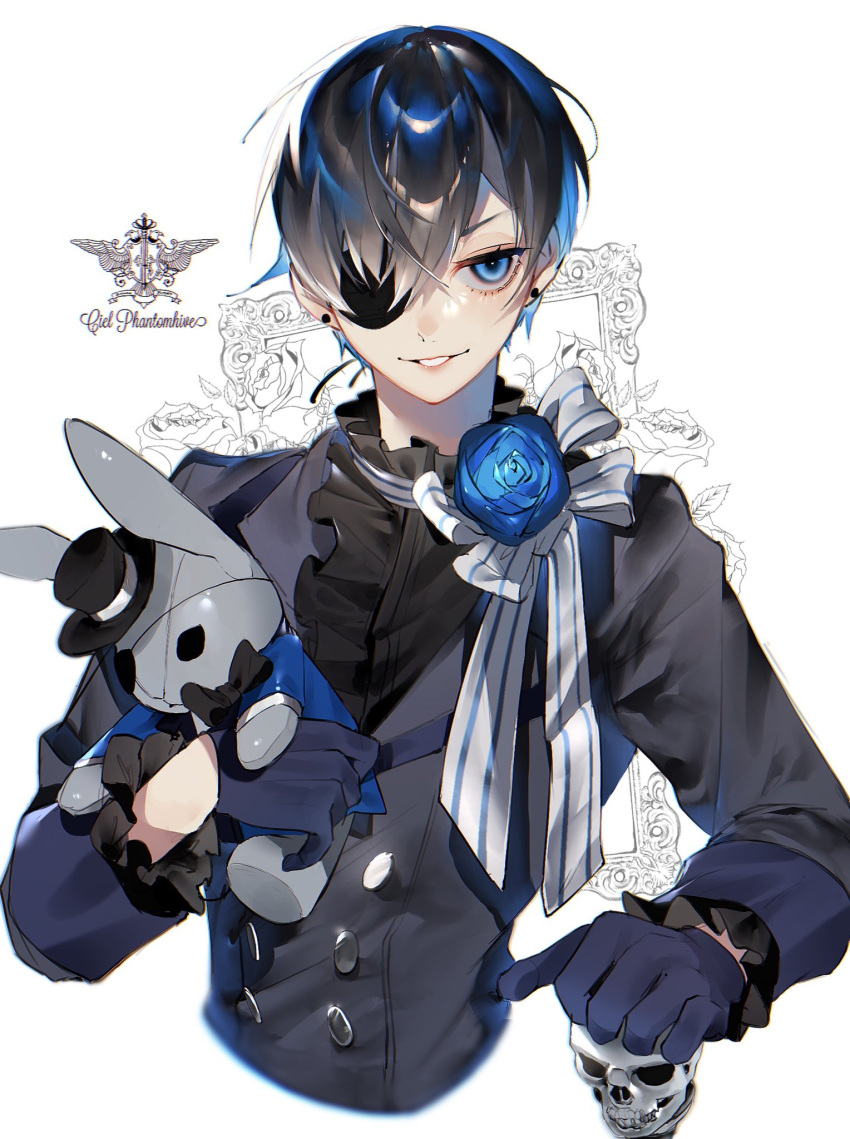 1boy androgynous bangs black_hair blue_flower blue_gloves blue_hair blue_rose character_name ciel_phantomhive cropped_torso ear_piercing eyepatch flower gloves hair_between_eyes highres holding holding_stuffed_toy kuroshitsuji long_sleeves male_focus multicolored_hair parted_lips piercing poscorn617 rose simple_background solo striped stuffed_animal stuffed_bunny stuffed_toy upper_body white_background