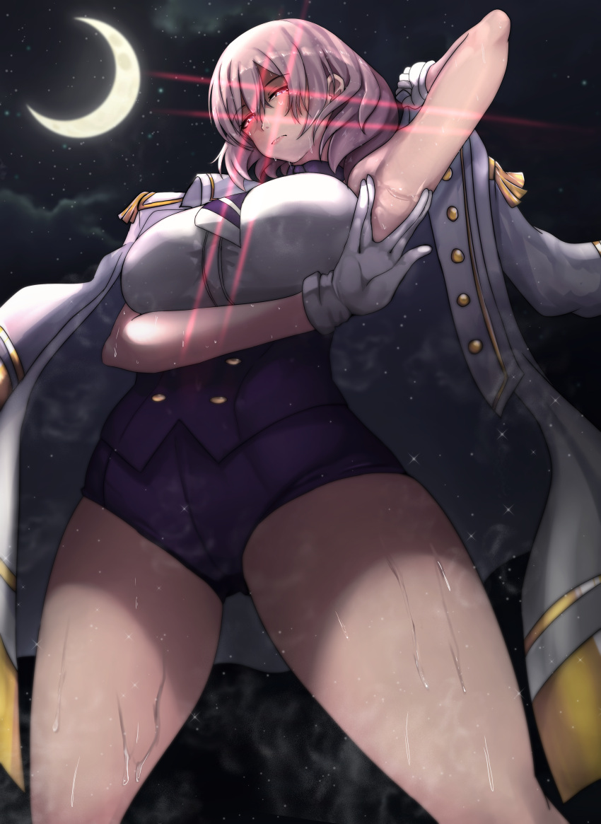 1girl absurdres arm_up armpits breasts buttons crescent_moon from_below gloves glowing glowing_eyes gridman_universe highres instance_domination jacket large_breasts moon mujina necktie night night_sky pink_hair red_eyes sky ssss.dynazenon star_(sky) starry_sky sweat thighs tomodachi_(tomofanart) uniform white_gloves