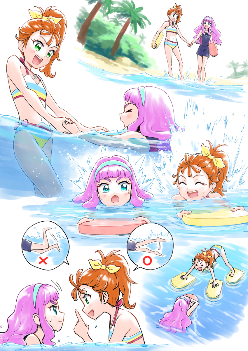2girls :d ^_^ aqua_hairband beach bikini closed_eyes eye_contact hair_ribbon hairband highres holding_hands itou_shin'ichi laura_(precure) long_hair looking_at_another multicolored multicolored_bikini multicolored_clothes multiple_girls natsuumi_manatsu ocean open_mouth orange_hair palm_tree partially_submerged pink_hair precure ribbon short_hair side_ponytail smile striped striped_bikini swimming swimsuit tree tropical-rouge!_precure water wet yellow_ribbon
