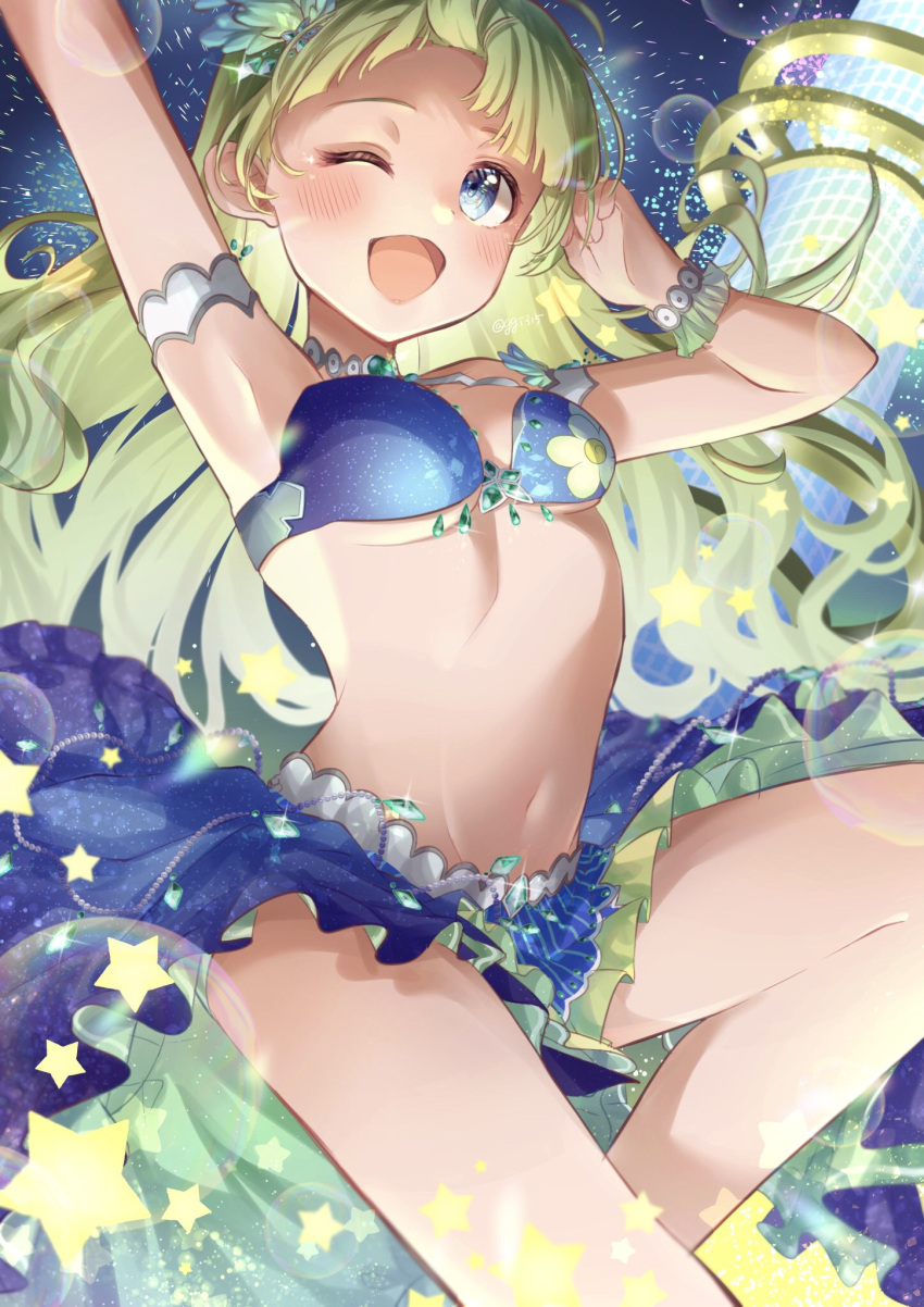 1girl ;d ahoge aqua_eyes arm_up armpits blue_dress breasts dress ggi315 green_hair highres idolmaster idolmaster_million_live! idolmaster_million_live!_theater_days long_hair looking_at_viewer medium_breasts midriff navel one_eye_closed open_mouth shimabara_elena smile solo star_(symbol)