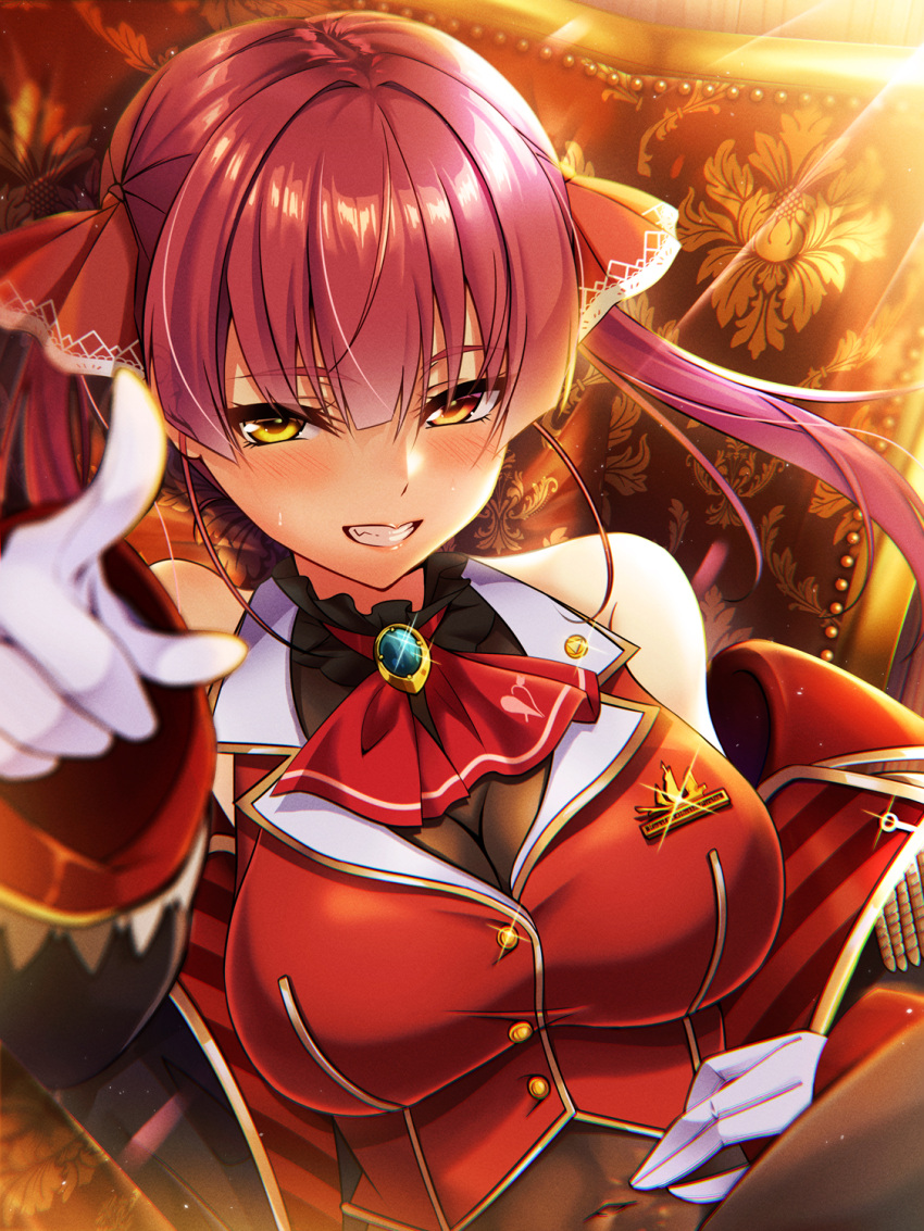 1girl ascot black_choker black_coat blush breasts brooch choker coat cropped_jacket frilled_choker frills gloves gold_trim grin hair_ribbon heterochromia highres hololive houshou_marine jacket jewelry large_breasts leotard leotard_under_clothes long_hair looking_at_viewer lying mizuno_kurage off_shoulder on_back pointing pointing_at_viewer red_eyes red_hair red_jacket red_ribbon ribbon sheer_leotard sleeveless sleeveless_jacket smile solo twintails virtual_youtuber white_gloves yellow_eyes