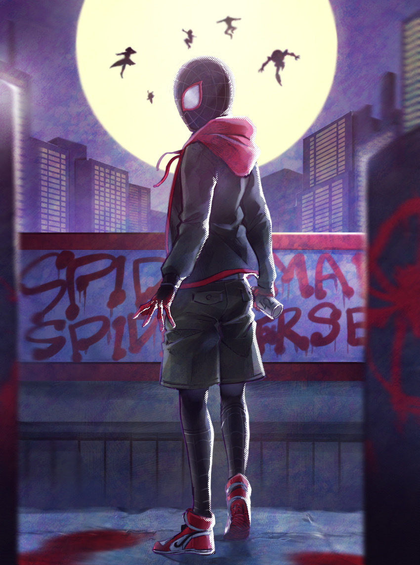 1girl 1other 4boys building full_moon highres hood hoodie marvel mask miles_morales moon multiple_boys shoes shorts sneakers solo_focus somechime_(sometime1209) sp//dr spider-gwen spider-ham spider-man spider-man:_into_the_spider-verse spider-man_(miles_morales) spider-man_(series) spider-man_noir spray_can superhero