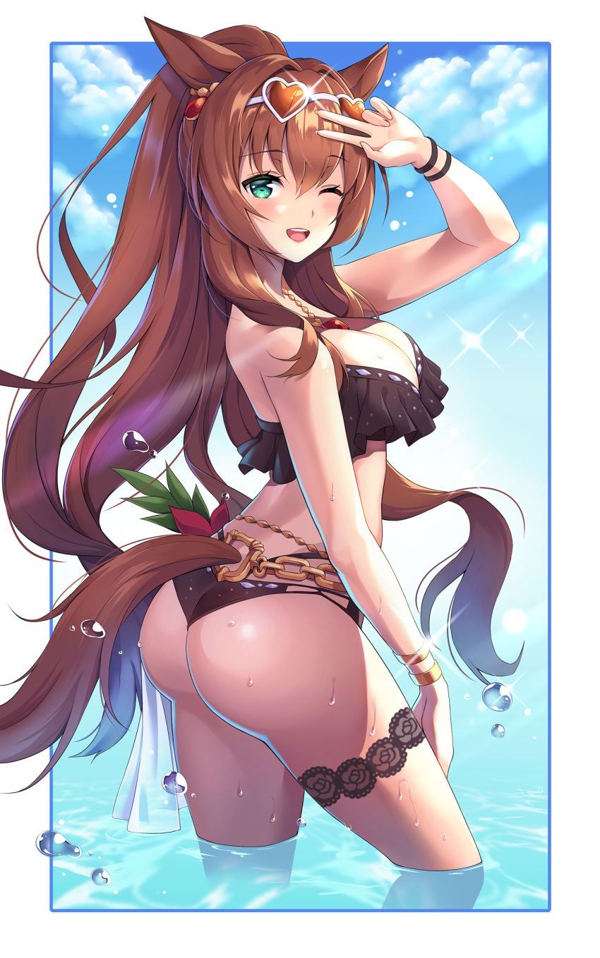 1girl ;d animal_ears ass bikini black_bikini bloody0rabby blue_sky breasts brown_hair cleavage cloud day eyewear_on_head frilled_bikini frills green_eyes heart heart-shaped_eyewear highres horse_ears horse_girl horse_tail long_hair maruzensky_(umamusume) medium_breasts official_alternate_costume one_eye_closed open_mouth partially_submerged sky smile solo sunglasses swimsuit tail umamusume v very_long_hair