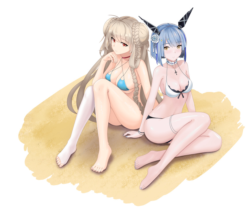 2girls absurdres asymmetrical_legwear azur_lane bikini blue_bikini blue_hair braid braided_bun breasts choker criss-cross_halter cross cross_necklace double_bun error eyebrows_visible_through_hair finn_flint flower formidable_(azur_lane) formidable_(the_lady_of_the_beach)_(azur_lane) full_body gascogne_(azur_lane) gascogne_(beach_adaptive_armor)_(azur_lane) hair_flower hair_ornament halterneck headgear highres huge_filesize jewelry large_breasts long_hair looking_at_viewer medium_breasts mismatched_bikini multi-strapped_bikini multiple_girls necklace official_alternate_costume pink_choker platinum_blonde_hair red_eyes short_hair simple_background single_thighhigh swimsuit thighhighs very_long_hair white_background white_bikini white_flower white_legwear yellow_eyes