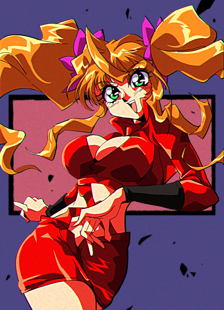 1girl bangs blonde_hair breasts cleavage_cutout clothing_cutout cowboy_shot eyebrows_visible_through_hair green_eyes highres large_breasts long_hair looking_at_viewer open_mouth potiri02 retro_artstyle shadow shamanic_princess smile solo tiara_(shamanic_princess) twintails