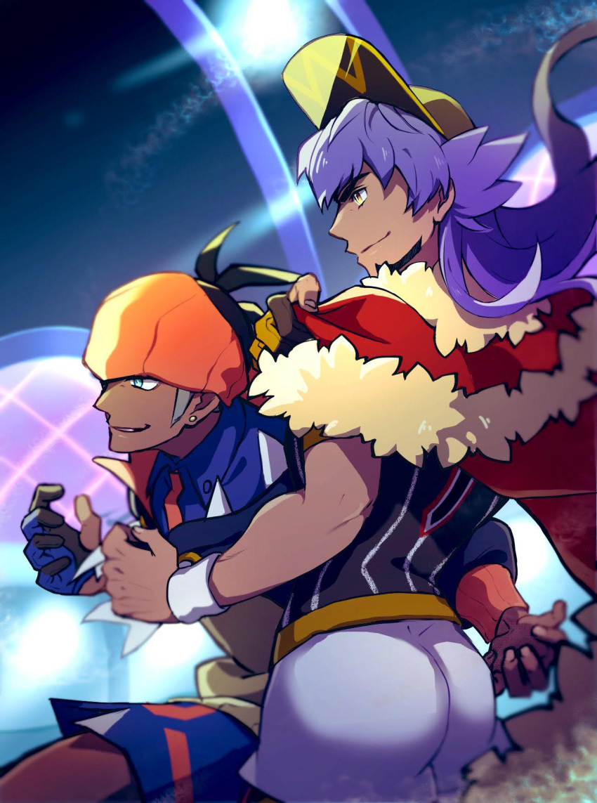 2boys ass baseball_cap black_hair black_hoodie blurry bright_pupils cape champion_uniform closed_mouth collared_shirt commentary_request dark-skinned_male dark_skin earrings facial_hair fur-trimmed_cape fur_trim gloves gym_leader hat highres hood hoodie jewelry leon_(pokemon) light long_hair male_focus multiple_boys orange_headwear parted_lips partially_fingerless_gloves pokemon pokemon_(game) pokemon_swsh purple_hair raihan_(pokemon) red_cape shirt short_hair short_sleeves shorts side_slit side_slit_shorts smile undercut white_pupils white_shorts yellow_eyes yunoru