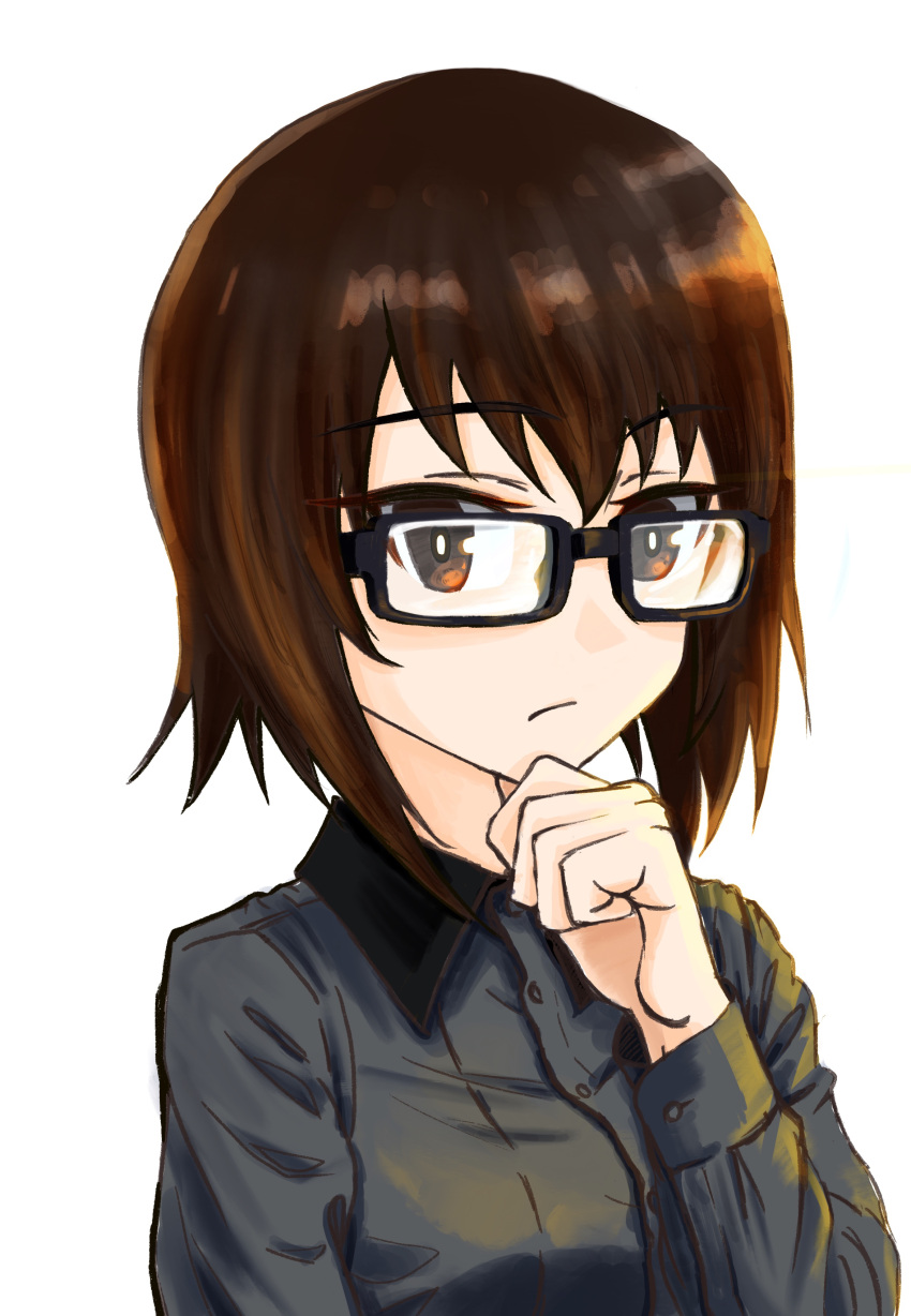 1girl absurdres bangs bespectacled black-framed_eyewear brown_eyes brown_hair chin_grab closed_mouth commentary dress_shirt frown girls_und_panzer glasses grey_shirt highres kuromorimine_school_uniform long_sleeves looking_at_viewer military military_uniform nishizumi_maho oritako portrait rectangular_eyewear redrawn school_uniform shirt short_hair simple_background solo uniform white_background wing_collar