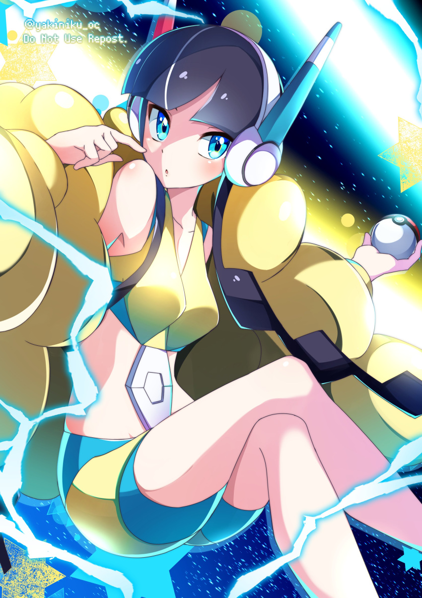 1girl absurdres bangs black_hair blue_eyes blunt_bangs blush body_blush breasts collarbone commentary crossed_legs elesa_(pokemon) fur_jacket gym_leader hands_up headphones highres holding holding_poke_ball jacket miyama-san open_clothes open_jacket parted_lips poke_ball poke_ball_(basic) pokemon pokemon_(game) pokemon_bw2 shiny shiny_skin short_hair_with_long_locks sidelocks solo star_(symbol) twitter_username yellow_jacket