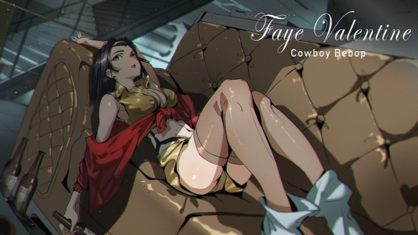 1girl absurdres arm_behind_back armpits beer_bottle black_hair boyu_yang breasts character_name cleavage clothes_around_waist copyright_name couch cowboy_bebop faye_valentine film_grain green_eyes groin highres jacket jacket_around_waist looking_at_viewer medium_breasts midriff navel on_couch sleeveless solo stairs thighhighs thighs