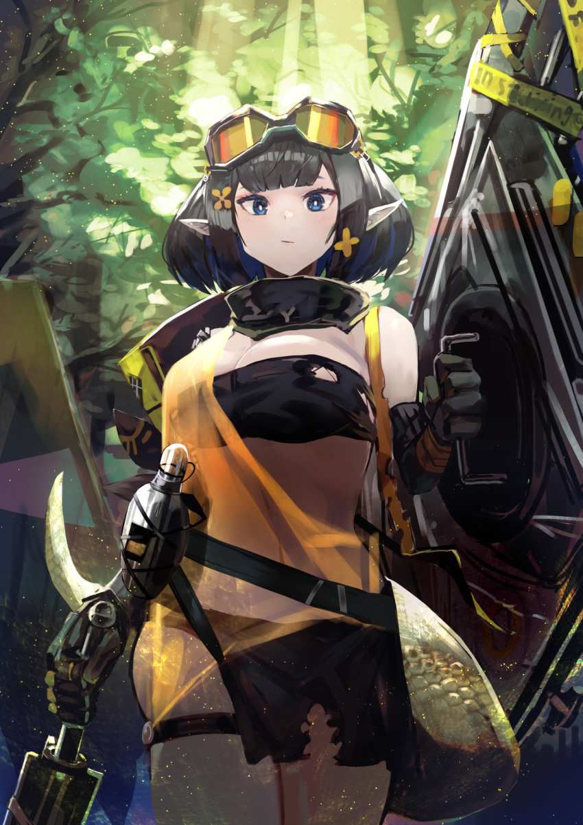 1girl :/ arknights bandeau bangs bannnouyakunta belt black_bandeau black_gloves black_hair black_scarf black_tubetop blue_eyes breasts cleavage closed_mouth commentary_request cowboy_shot eunectes_(arknights) flower flower_(symbol) gloves goggles goggles_on_head hair_flower hair_ornament highres holding holding_shield large_breasts light_particles loincloth looking_at_viewer outdoors pointy_ears scarf shield short_hair skindentation snake_tail solo strapless sunlight tail thigh_strap torn_clothes tree tubetop