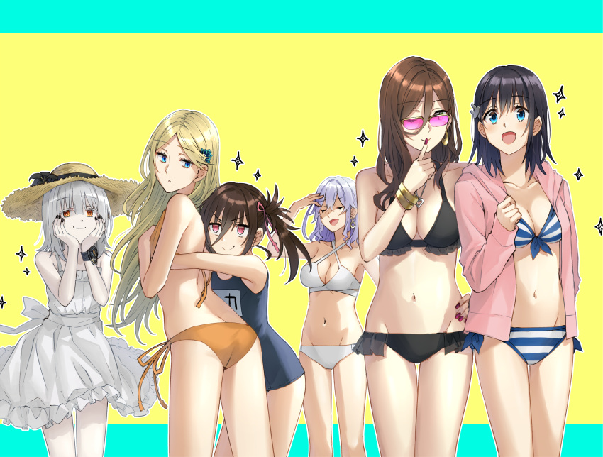 6+girls aqua_eyes ass bikini black_bikini black_hair black_nails blonde_hair bracelet breasts brown_hair character_request closed_eyes dress earrings flat_ass frilled_bikini frills green_eyes groin hands_on_own_face hat hero-san_to_moto_onna_kanbu-san highres honey_trap_(hero-san_to_moto_onna_kanbu-san) honjou_hayate hood hoodie jewelry kyouka_suigetsu large_breasts looking_over_eyewear medium_breasts multiple_girls navel open_mouth orange_bikini orange_eyes pale_skin pink_eyes purple_hair red_nails school_swimsuit side-tie_bikini silver_hair smile somechime_(sometime1209) striped striped_bikini sun_hat sunglasses swimsuit tinted_eyewear white_dress x_(hero-san_to_moto_onna_kanbu-san)