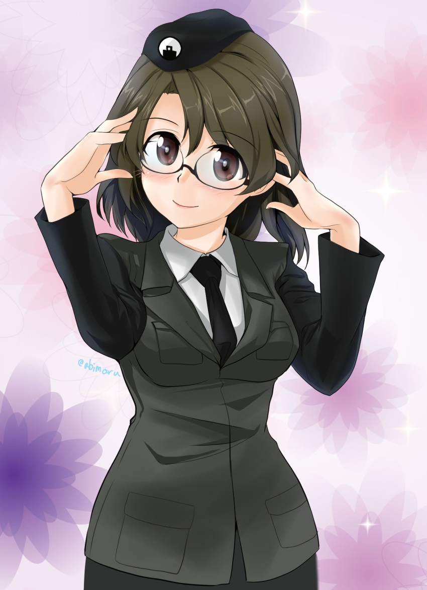 1girl abimaru_gup adjusting_eyewear beret black-framed_eyewear black_eyes black_headwear black_jacket black_neckwear brown_hair closed_mouth commentary_request dress_shirt emblem extra floral_background girls_und_panzer glasses hat highres jacket japanese_tankery_league_(emblem) long_sleeves looking_at_viewer medium_hair military military_hat military_uniform necktie partial_commentary purple_background selection_university_military_uniform shirt smile solo twitter_username uniform upper_body white_shirt