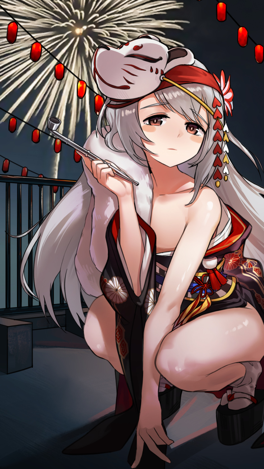 1girl absurdres arm_between_legs bangs bare_shoulders blush_stickers brown_eyes commentary_request eyebrows_visible_through_hair fireworks flat_chest flower fox_mask full_body fur_(clothing) g11_(girls'_frontline) girls'_frontline grey_hair hair_flower hair_ornament highres holding holding_pipe japanese_clothes jizhi_shaojiu kimono kiseru long_hair looking_at_viewer mask mask_on_head night official_alternate_costume outdoors pipe platform_footwear sandals socks solo squatting tabi