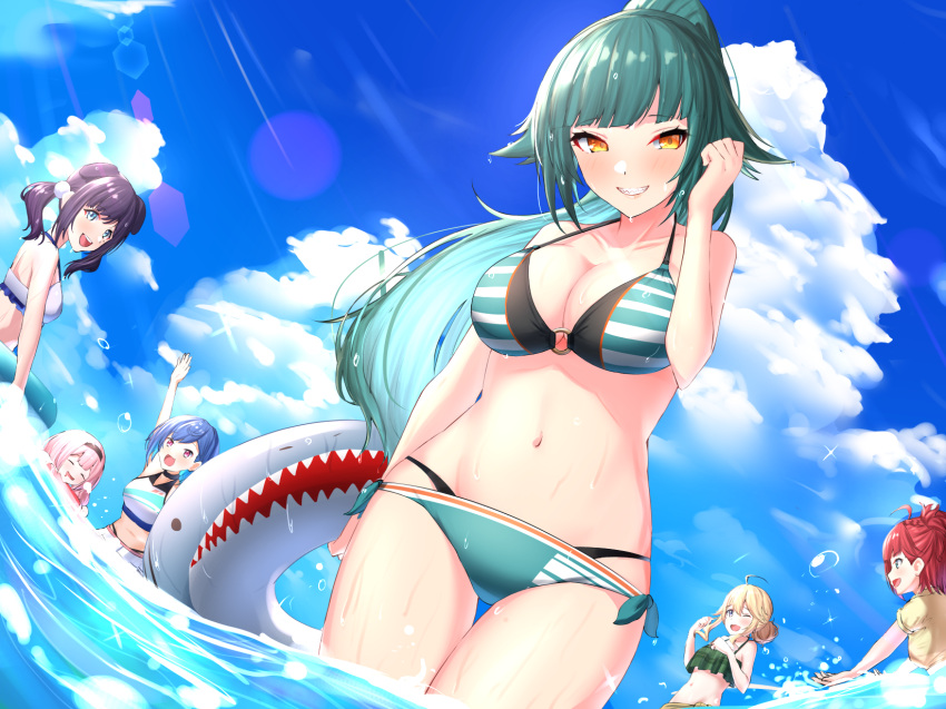 6+girls aiba_uiha animal_ears aqua_eyes asahina_akane_(nijisanji) bangs bikini black_hairband black_panties blonde_hair blue_eyes blue_hair blush breasts cleavage cloud collarbone dog_ears green_bikini green_hair hair_behind_ear hair_bun hairband halter_top halterneck highres holding holding_innertube innertube kitakouji_hisui multiple_girls nichijo nijisanji nishizono_chigusa ocean one_eye_closed open_mouth orange_eyes panties ponytail red_hair sharp_teeth shirt sky smile suou_sango swimsuit teeth toudou_kohaku twintails underwear virtual_youtuber waving wet white_bikini yellow_shirt