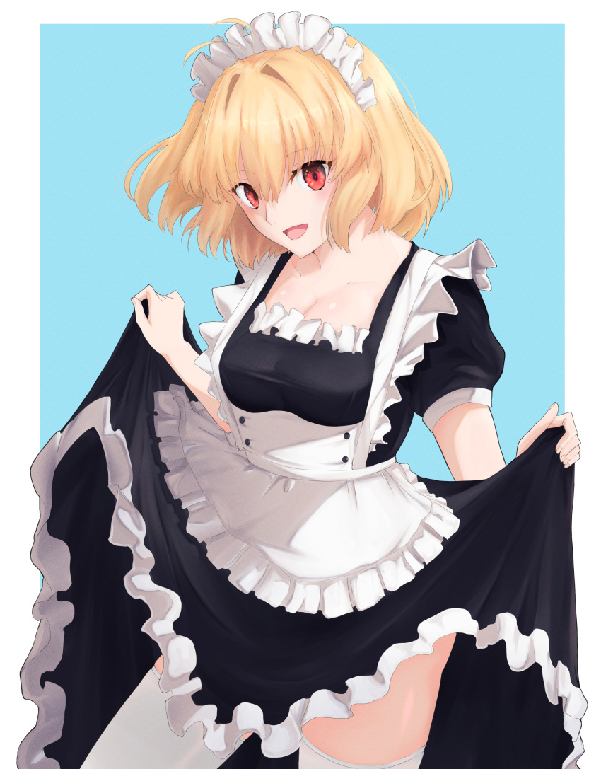 1girl :d absurdres alternate_costume anianiani0607 antenna_hair apron arcueid_brunestud bangs black_dress blonde_hair blue_background border breasts cleavage clothes_lift commentary_request cowboy_shot dress dress_lift enmaided frilled_apron frilled_dress frills head_tilt highres lifted_by_self looking_at_viewer maid maid_apron maid_headdress medium_breasts open_mouth puffy_short_sleeves puffy_sleeves red_eyes short_hair short_sleeves smile solo standing thighhighs tsukihime underbust white_border white_legwear