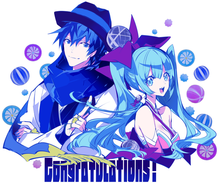 1boy 1girl aqua_eyes aqua_hair ball bare_shoulders beachball blue_eyes blue_hair blue_nails blue_scarf bow coat commentary congratulations crossed_arms detached_sleeves disco_ball dress fedora hair_bow hat hatsune_miku highres index_finger_raised japanese_clothes jewelry kaito_(vocaloid) kimono long_hair looking_at_viewer manbou_no_ane ooedo_julia_night_(vocaloid) open_mouth ring scarf smile spiral strapless strapless_dress twintails upper_body very_long_hair vocaloid wheel white_background white_coat yukata
