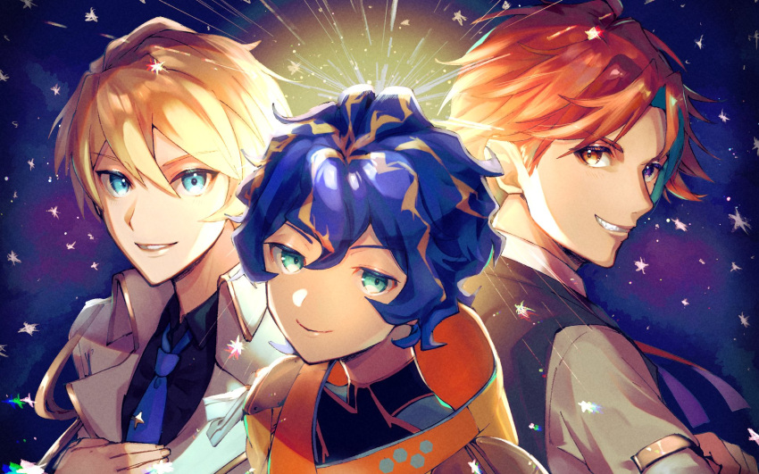 3boys aqua_eyes asagiri0700 astel_leda black_shirt blonde_hair blue_eyes blue_hair bodysuit grin heterochromia highres holostars kishido_temma looking_at_viewer male_focus multicolored_hair multiple_boys necktie orange_eyes orange_hair purple_eyes shirt smile star_(symbol) streaked_hair suntempo upper_body vest virtual_youtuber white_shirt yukoku_roberu