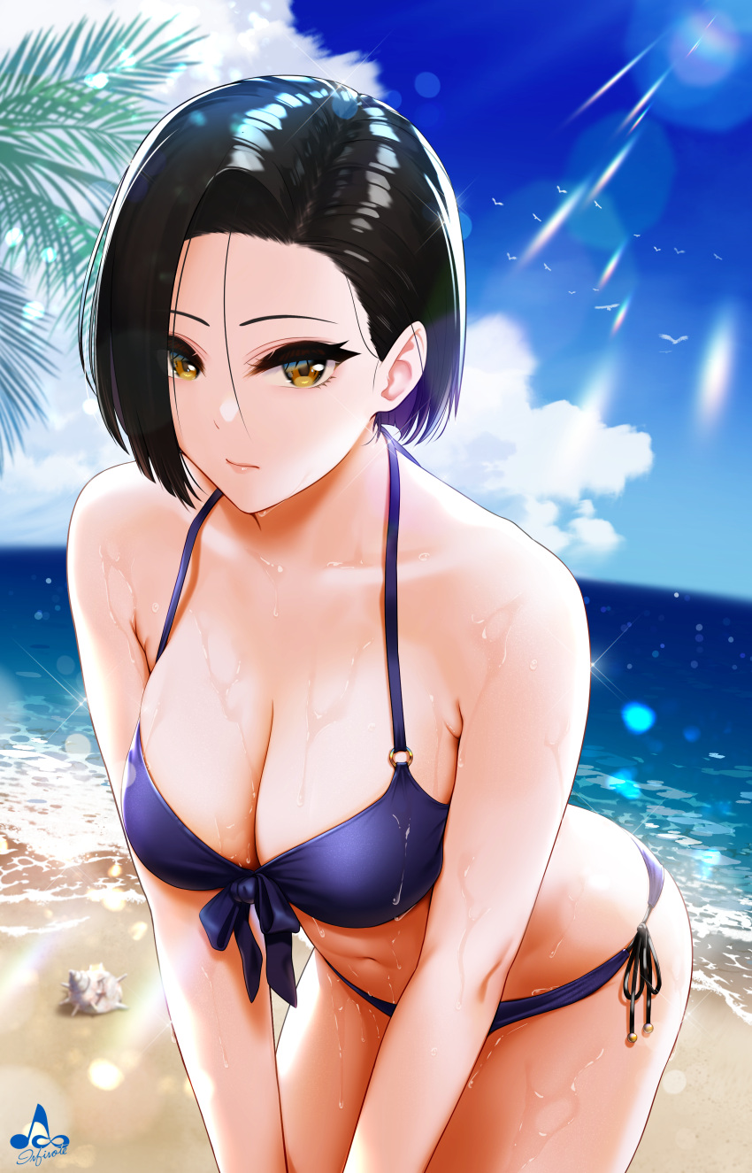 1girl absurdres artist_logo bangs bare_shoulders beach bikini black_hair blue_bikini breasts brown_eyes cleavage closed_mouth collarbone commentary_request cowboy_shot day front-tie_bikini front-tie_top highres infinote large_breasts leaning_forward looking_at_viewer navel ocean original outdoors palm_tree shell shiny shiny_hair short_hair side-tie_bikini solo standing sun swimsuit tree wet yellow_eyes