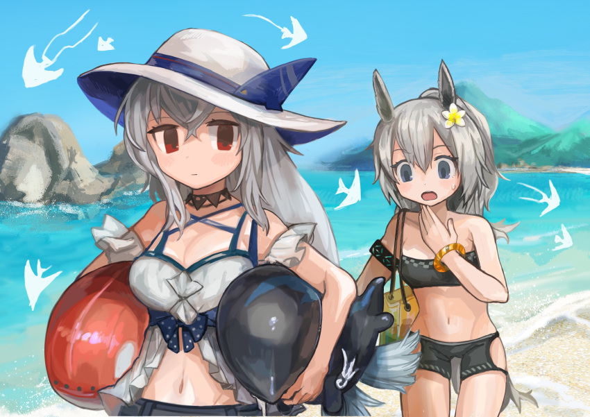 2girls absurdres animal_ears arknights bag bangs bare_shoulders beach bikini black_bikini black_choker bracelet breasts buchi0122 carrying_under_arm choker cleavage collar collarbone commentary day flower grani_(arknights) hair_between_eyes hair_flower hair_ornament handbag highres hip_vent horse_ears horse_girl horse_tail infection_monitor_(arknights) inflatable_orca inflatable_toy jewelry long_hair medium_breasts multiple_girls navel off-shoulder_shirt off_shoulder official_alternate_costume open_mouth outdoors ponytail purple_eyes red_eyes shirt silver_hair skadi_(arknights) skadi_(waverider)_(arknights) sky stomach swimsuit tail white_flower
